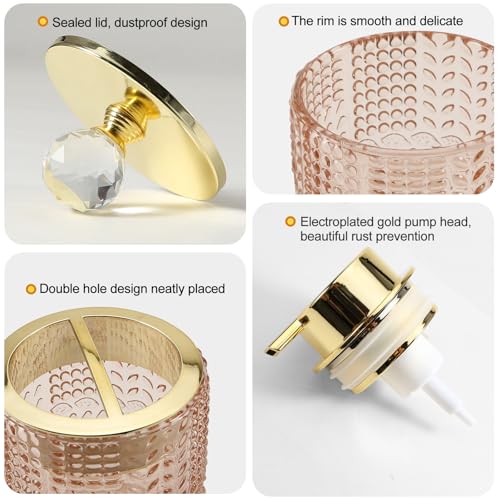 DASITON Bathroom Accessories Set,4Pcs Glass Bathroom Counter Set with Foaming Soap Dispenser,Toothbrush Holder,Bathroom Tumbler,Cotton Swab Jars, for Vanity Bathroom Decor (Pink) D1102 - style: Pink