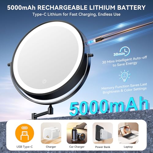 Auxmir 10″ 5000mAh 1X/30X Wall Mounted Lighted Magnifying Makeup Mirror | Double‑Sided Button, Rechargeable, 3 Dimmable Colors, 360° Rotation, Extended Arm, 30X Magnification, Bathroom, Black - color: 10'' 30x-black