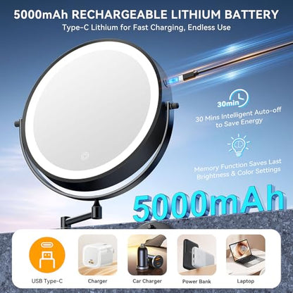 Auxmir 10″ 5000mAh 1X/30X Wall Mounted Lighted Magnifying Makeup Mirror | Double‑Sided Button, Rechargeable, 3 Dimmable Colors, 360° Rotation, Extended Arm, 30X Magnification, Bathroom, Black - color: 10'' 30x-black