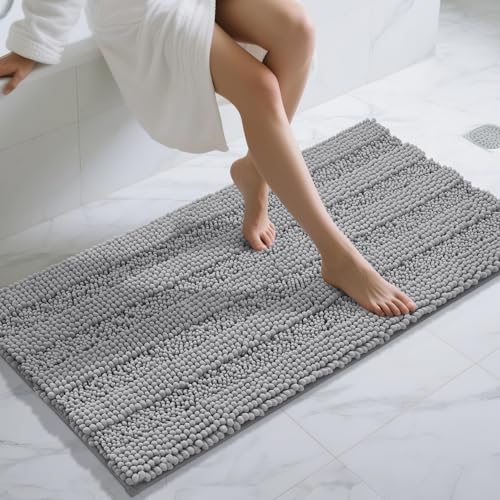 Yimobra Bathroom Rug Mat 47 x 24, Non Slip and Super Absorbent Bath Mat,Machine Washable Quick Dry,Ultra Plush Chenille Shower Rugs for Bathroom Floor Sink Tub and Shower Outside,Gray - color: Grey, size: 47" X 24"