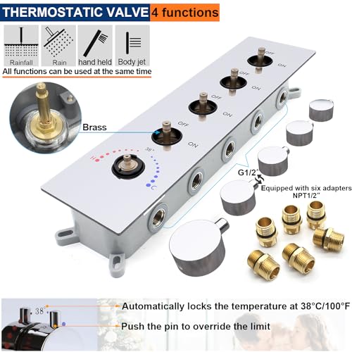 Thermostatic Shower System with 14x20 Inch Ceiling Mount LED Head & 6 Inch Wall Head and Handheld Shower 4 Function Vale with body jets Can All Run Together,Polished Chrome - color: Polished Chrome, style: 14x20 led+6 jets