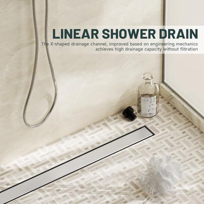 28 Inch Linear Shower Floor Drain, Stainless Steel | Bathroom Floor Drains, Rectangular Shower Trench Floor Drain, Hair Strainer, Brushed Nickel