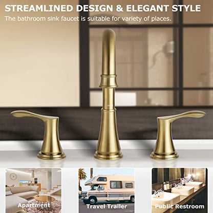 Brushed Gold Widespread Bathroom Sink Faucet 8 Inch for Vanity | with All Metal Pop Up Drain, High Arc 2 Handle Lead-Free Deck Mount Bathroom Faucet for 3 Hole Lavatory Utility Sink - color: Brushed Gold