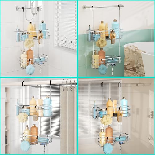 HapiRm Hanging Shower Caddy Organizer - No Drilling Shower Shelves with Hooks and Toothbrush Holder, Rustproof 304 Stainless Steel Bathroom Organizer - Silver - color: Silver