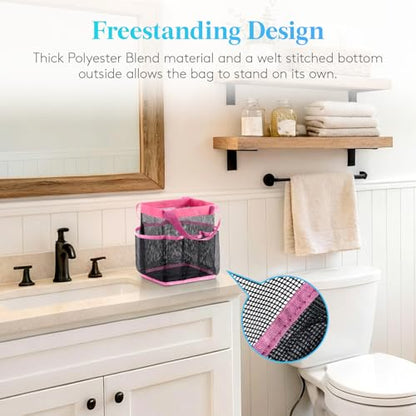 Lifewit Mesh Shower Caddy Portable for College Dorm Room Essentials with 7 Pockets, Freestanding Hanging Organizer Basket, Quick Dry Tote Bag for Camping, Bathroom, Beach, Travel, 1 Pack, Pink | 2 Handles, Freestanding, Quick Dry Tote Bag, 7 Pockets, for