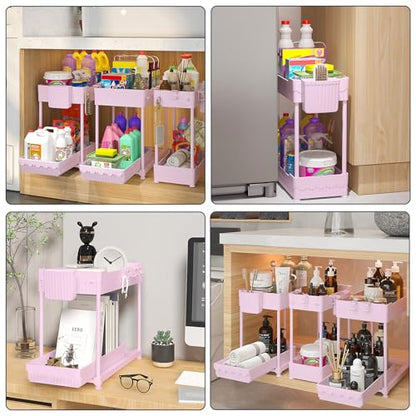 3 Pack Under Sink Organizers, 2-Tier Multi-Use Kitchen and Bathroom Organizers and Storage with Sliding Drawers, Bathroom Cabinet Organizer (Pink, 14.8 Inch) | Multi-use kitchen & bathroom storage, 14.8 inch pink cabinet organizer, space-saving sliding dr