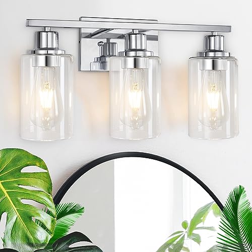 3 Light Vanity Light Fixtures, Polished Chrome Bathroom Wall Sconces, Modern Wall Lights with Clear Glass Shades, Bathroom Wall Lamp over Mirror Kitchen Bedroom Living Room Hallway Cabinet Porch - color: Chrome