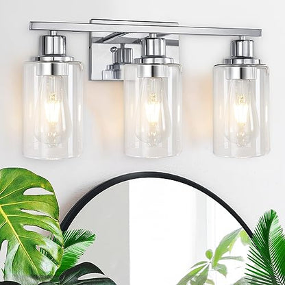 3 Light Vanity Light Fixtures, Polished Chrome Bathroom Wall Sconces, Modern Wall Lights with Clear Glass Shades, Bathroom Wall Lamp over Mirror Kitchen Bedroom Living Room Hallway Cabinet Porch - color: Chrome