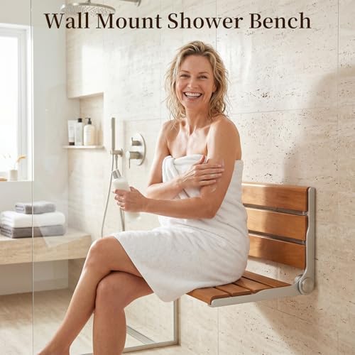 18" Wall Mount Shower Seat for Adults | Shower Bench Wall Mount for Inside Shower, Fold Down Shower Seat, Shower Seats for Adults - color: Yellow & Aluminum Alloy & Silver