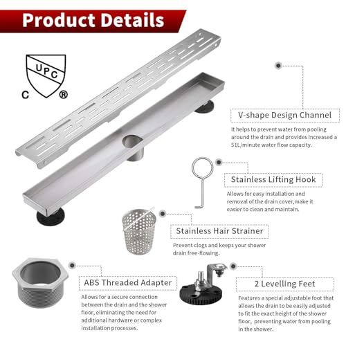 Sharp-tec Linear Shower Drain, 24 inch Shower Drain with Removable Pattern Cover, Brushed Nickel 304 Stainless Steel Rectangle Floor Drain, Adjustable Feet and Hair Strainer Included (Model 101) - color: Brushed Nickel, size: 24 inch
