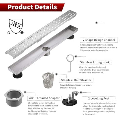 Sharp-tec Linear Shower Drain, 36 inch Shower Drain with Removable Pattern Cover, Brushed Nickel 304 Stainless Steel Rectangle Floor Drain, Adjustable Feet and Hair Strainer Included (Model 101) - color: Brushed Nickel, size: 36 inch