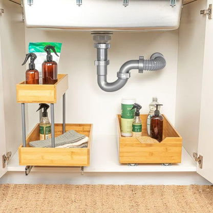 Bamboo and Chrome 2-Tier Pull-Out Storage Organizer - Slide-Out Under-Sink Cabinet Drawer, 18” D x 11.5” W x 15.5” H, 33 lbs Weight Capacity, 1-Pack
