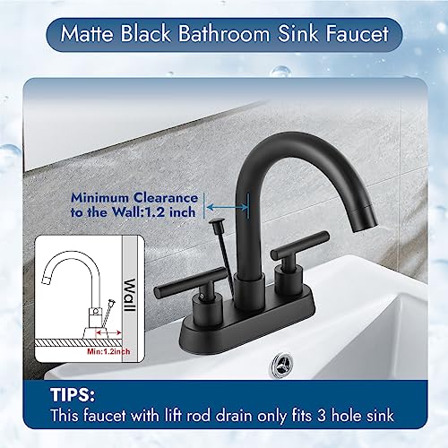 Bathroom Faucet with Lift Rod Drain,4 Inch Centerset 3 Hole,Matte Black | Two Handle Lead-Free SUS304 Stainless Steel Bathroom Sink Faucet with Lift Rod Drain & Supply Lines for RV & Farmhouse - color: Matte Black