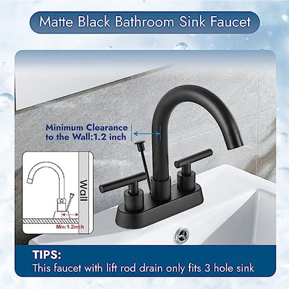 Bathroom Faucet with Lift Rod Drain,4 Inch Centerset 3 Hole,Matte Black | Two Handle Lead-Free SUS304 Stainless Steel Bathroom Sink Faucet with Lift Rod Drain & Supply Lines for RV & Farmhouse - color: Matte Black