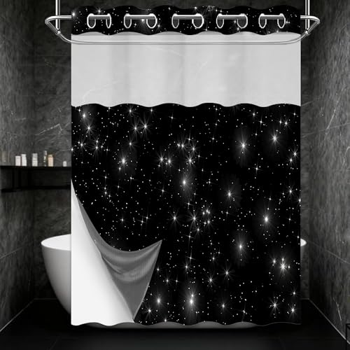Star Space Hookless Shower Curtain with Snap in Liner, Black and White Watercolor Night Sky Galaxy No Hook Double Layer Shower Curtains and Liner Set, Waterproof Cloth Fabric, 71" W X 74" L - color: Black White, size: 71"W x 74"L (Pack of 1)