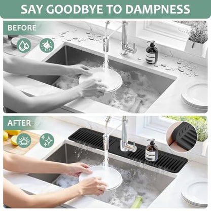 24 Inch Faucet Mat for Kitchen Sink Silicone Folding Faucet Mat for Bathroom Sink Splash Guard 7° Slope Water Draining Tray with Button Lock for Kitchen Bathroom Bar ect(Black) - color: Black