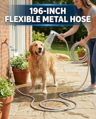 Extra Long 196 Inch Shower Hose, Flexible Stainless Steel Handheld Shower Hose, with Brass Insert and Nut - size: 196 inches