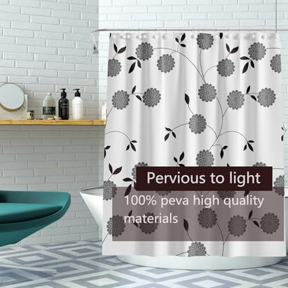 TIKABC Shower Curtain Liner, 4G PEVA Black and White Tree Flower Shower Liner, Plastic Waterproof Shower Curtains, 72x72 inch with Grommet Holes 3 Magnetic Weights - color: Black White Tree Flower