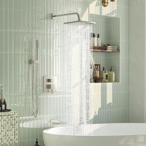 Esnbia Shower System with Tub Spout, Wall Mounted Bathtub Shower Faucet Set, 10 Inch Rain Shower Head and Handheld Shower Head Set, High Pressure Tub Shower Kit with Shower Valve, Brushed Nickel - color: Brushed Nickel