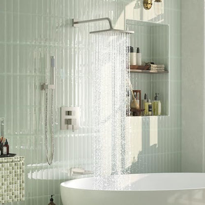 Esnbia Shower System with Tub Spout, Wall Mounted Bathtub Shower Faucet Set, 10 Inch Rain Shower Head and Handheld Shower Head Set, High Pressure Tub Shower Kit with Shower Valve, Brushed Nickel - color: Brushed Nickel