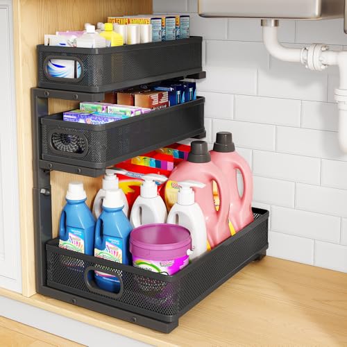 Under Sink Organizer, 3-Tier Thickened Metal Pull out Cabinet Organizer Shelf, Height Adjustable Slide out Storage Drawer Rack for Kitchen Bathroom Pantry Laundry Home Organization, 1-Pack, Black | 35% Extra Storage Capacity, Carbon Steel, Hold Up 55lbs,