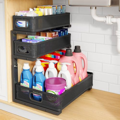 Under Sink Organizer, 3-Tier Thickened Metal Pull out Cabinet Organizer Shelf, Height Adjustable Slide out Storage Drawer Rack for Kitchen Bathroom Pantry Laundry Home Organization, 1-Pack, Black | 35% Extra Storage Capacity, Carbon Steel, Hold Up 55lbs,