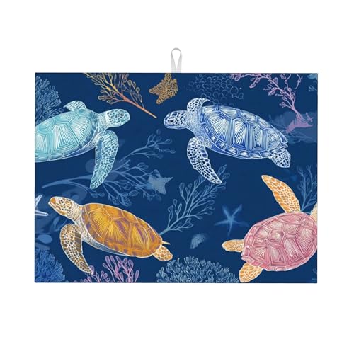 Turtle Dish Drying Mats for Kitchen Counter Absorbent Reversible Drying Mats Microfiber Kitchen Countertop Protector Dishes Drying Pad Extra Large “18 x 24" Dish Mat - color: Dark Blue-Turtle