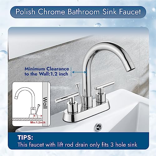 Bathroom Faucet with Lift Rod Drain,4 Inch Centerset 3 Hole,Polish Chrome | Two Handle Lead-Free SUS304 Stainless Steel Bathroom Sink Faucet with Lift Rod Drain & Supply Lines for RV & Farmhouse - color: Polish Chrome