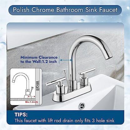 Bathroom Faucet with Lift Rod Drain,4 Inch Centerset 3 Hole,Polish Chrome | Two Handle Lead-Free SUS304 Stainless Steel Bathroom Sink Faucet with Lift Rod Drain & Supply Lines for RV & Farmhouse - color: Polish Chrome