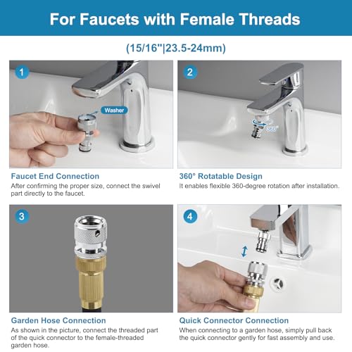 Hibbent Swivel Faucet to Garden Hose Adapter Kit, Multi-Thread Solid Brass Quick Connector, 3/4" Tool-Free Quick Connect Adapter for Sink Faucet & Garden Hose, Chrome - color: Chrome, style: Male Thread