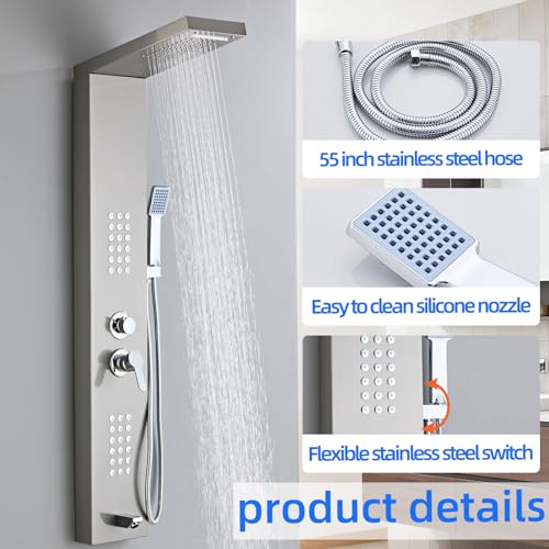 5-in-1 Shower Panel Tower System - Brushed Gray | 304 stainless steel Shower Panel Tower Column with Powerful Body Jets, Rainfall, Waterfall,Handheld and Tub Spout - color: Brushed Gray, style: LSH-8001