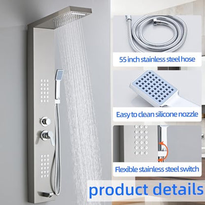 5-in-1 Shower Panel Tower System - Brushed Gray | 304 stainless steel Shower Panel Tower Column with Powerful Body Jets, Rainfall, Waterfall,Handheld and Tub Spout - color: Brushed Gray, style: LSH-8001