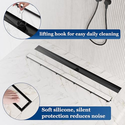 Neodrain 36" Matte Black Linear Shower Drain,2-in-1 Flat& Tile Insert Cover | 304 Stainless Steel,Fast Drainage, Durable,Rectangle Shower Floor Drain with Adjustable Feet,Hair Strainer,Fits Bathrooms - color: Matte Black, size: 36 In