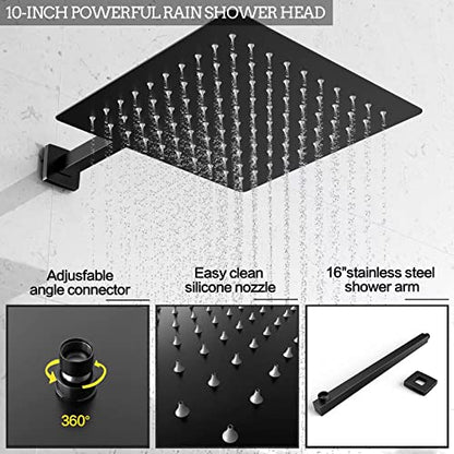 Black Rain Shower System Faucet Set with Handheld, 10 inch | Solid Metal Wall Mount Rainfall Shower Set with Safe Anti-Scald Valve, Air Injection High Pressure Water Saving Combo - color: Matte Black, style: 10in without Tub spout