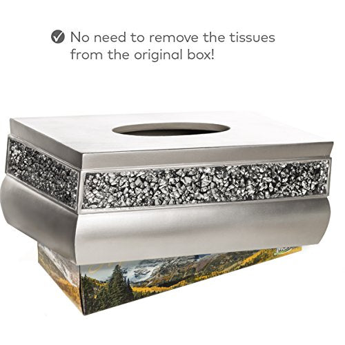 Crackled Glass Silver Tissue Box Cover Rectangular - Decorative Bling Tissue Box Holder With Beautiful Mosaic Glass - Elegant Tissue Holder For Bathroom With Durable Bottom Slider (Silver Collection) - style: Tissue Box Cover