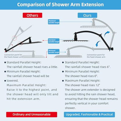 Hibbent All Metal 20'' Shower Head Extension Arm, Matte Black | Solid Brass Adjustable Shower Arm with Lock Joint, Flexible Height & Angle, Universal Connection Shower Head Extender - color: Matte Black, size: 20 Inch