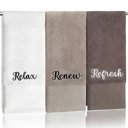 Tiamon 3 Pcs Bathroom Towel Decorative Set 100% Cotton Fluffy Bath Hand Towels for Guest Gifts Farmhouse Kitchen Hand Towels Home(White, Light Brown, Dark Brown,30 x 13 Inch,Relax Renew Refresh) - color: White, Light Brown Dark Brown, size: 30 x 13 inches