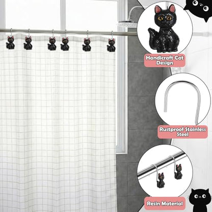 Novabright 12 Pcs Decorative Shower Curtain Hooks Cute Cat Shower Curtain Rings 2.4 Inch Handcraft Resin Cat Hooks for Bathroom 3.8 mm Metal Wire Smooth Sliding Hangers(Cute Style,Black)