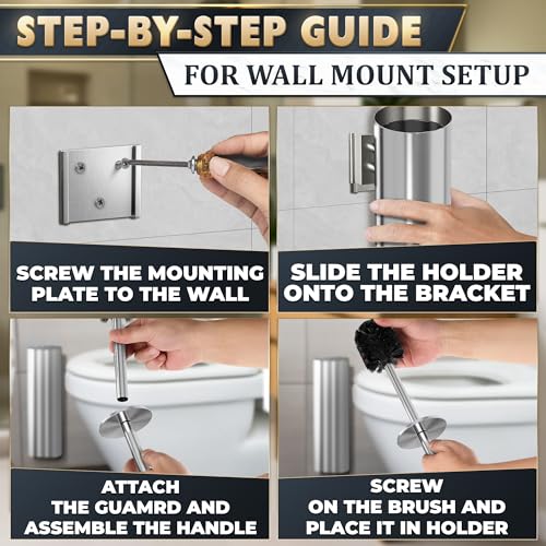 Wall Mounted Toilet Brush and Holder Set, Stainless Steel (Silver) | Stainless Steel Toilet Brush and Holder Set, Removable Inner Bowl, Dense Bristles, Rustproof, for Modern Bathroom Walls - color: Silver Wall-mounted