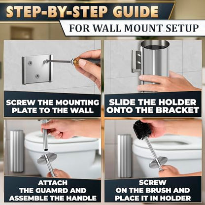 Wall Mounted Toilet Brush and Holder Set, Stainless Steel (Silver) | Stainless Steel Toilet Brush and Holder Set, Removable Inner Bowl, Dense Bristles, Rustproof, for Modern Bathroom Walls - color: Silver Wall-mounted