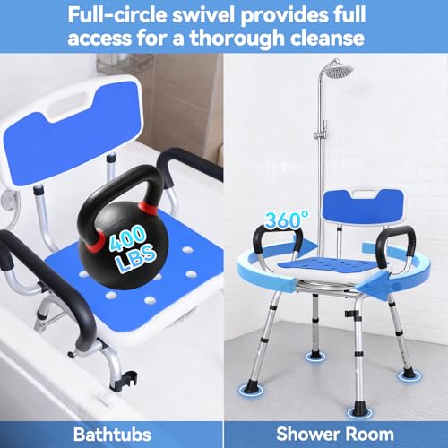 Swivel Shower Chair, Removable Back and Arms, 400 lbs Capacity | Adjustable Height Shower Seat for Elderly and Disabled, Non-Slip Shower Stool for Inside Shower, Tubs, Lightweight Bath Seat - color: Dark Blue