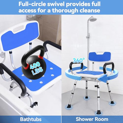 Swivel Shower Chair, Removable Back and Arms, 400 lbs Capacity | Adjustable Height Shower Seat for Elderly and Disabled, Non-Slip Shower Stool for Inside Shower, Tubs, Lightweight Bath Seat - color: Dark Blue