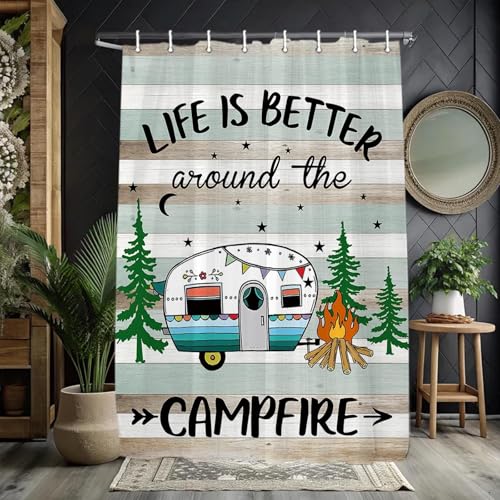 JAWO RV Shower Curtain, Happy Camper Shower Curtain for Travel Trailer, Farmhouse Camping Shower Curtain Hooks Included (47" W x 72" H), Rustic Teal - color: Brown, size: 47"W x 72"L (Pack of 1)