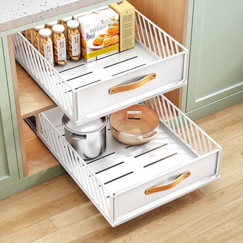 Pull out Cabinet Organizer,Heavy Duty Slide out Pantry Shelves Drawer Storage with Adhesive Nano Film,Sliding Mesh Cabinet Basket with Handle for Kitchen, Bathroom, Home, 15.8"W X 21"D X 6.2"H,White - color: White, size: 15.8"Wide-21"Deep (1Pack)
