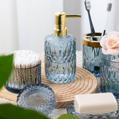 Bathroom Accessory Set 5 Pcs, Glass Bathroom Set Include Soap Dish, Toothbrush Holder, Mousewash Cup, Soap Dispenser, Cotton Swab Jar, Blue - color: Blue, style: 5 Pack