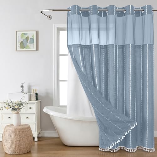 eachope Boho Farmhouse No Hook Shower Curtain Set with Snap-in Fabric Liner,Heavy-Duty Linen Textured Rustic Striped Design,Water-Repellent with Tassels and Sheer Window,Blue,71x74 | Linen Texture,230GSM Thick Fabric,Hotel Luxury Decor,Mesh Window,Waterpr