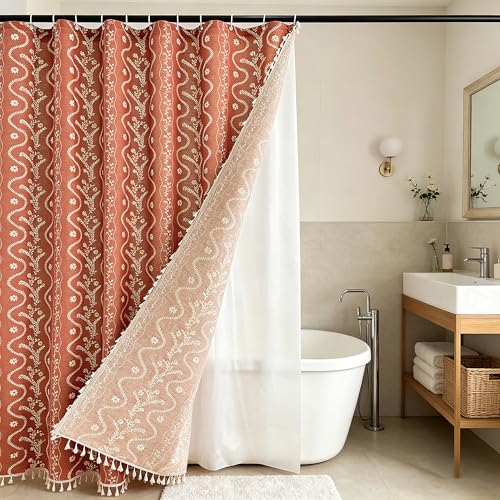 Vine with Terracotta Color Linen Shower Curtain Set and Liner,72x72 | Double Layer Shower Curtain Waterproof Fabric with Zippered Removable PEVA Liner,Boho Shower Curtain for Bathroom,Free Hooks - color: Brown Floral