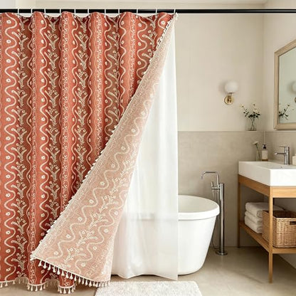 Vine with Terracotta Color Linen Shower Curtain Set and Liner,72x72 | Double Layer Shower Curtain Waterproof Fabric with Zippered Removable PEVA Liner,Boho Shower Curtain for Bathroom,Free Hooks - color: Brown Floral