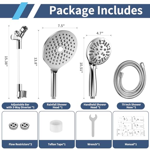 High Pressure Dual Shower Head with Handheld Spray Combo | 9 Spray Modes Handheld Showerhead, Double Rainfall Structure, Waterfall Shower Equipped with 79-Inch Hose, Chrome Finish - color: Chrome