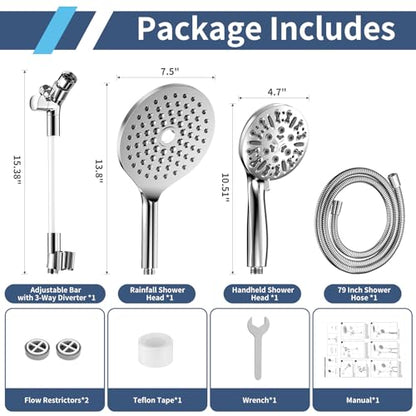 High Pressure Dual Shower Head with Handheld Spray Combo | 9 Spray Modes Handheld Showerhead, Double Rainfall Structure, Waterfall Shower Equipped with 79-Inch Hose, Chrome Finish - color: Chrome